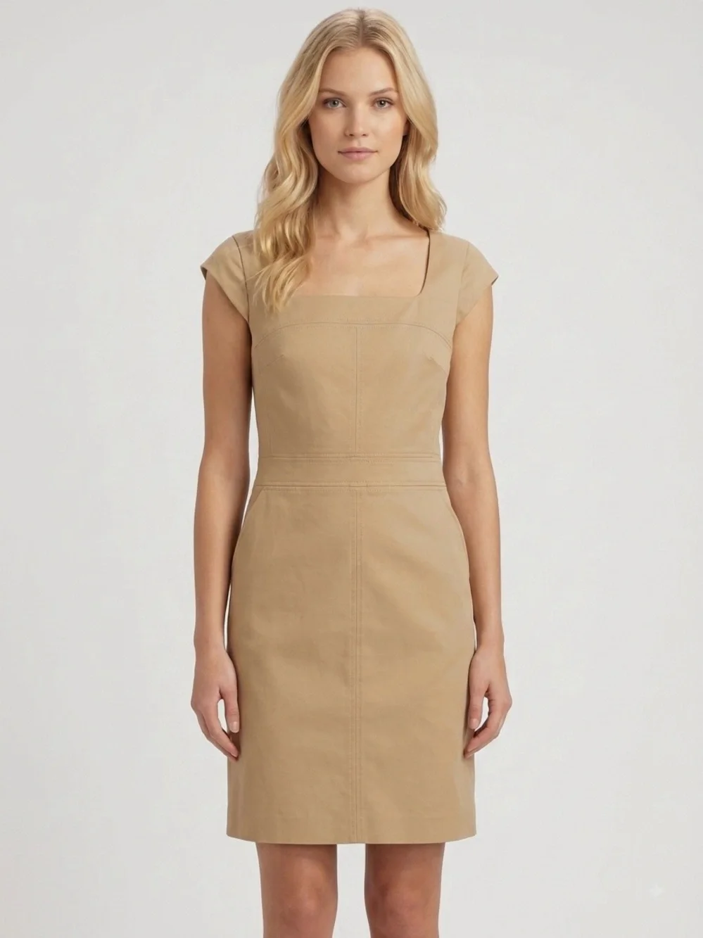 Tory Burch Tan Square Neck Cap Sleeve Sheath Dress Pockets Size 8